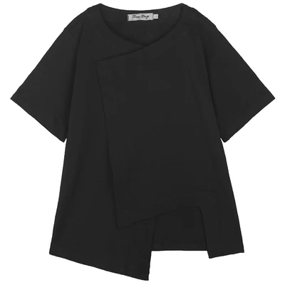 Женская белая асимметричная футболка с круглым вырезом коротким рукавом и