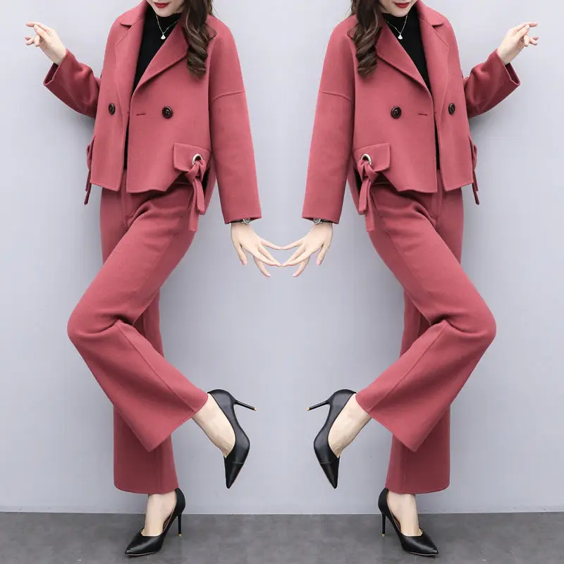 

2021 Woolen Two Piece Sets Outfits Women Short Coat and Wide Leg Pants Suits Elegant Office Korean Brick Red Black Sets Y490