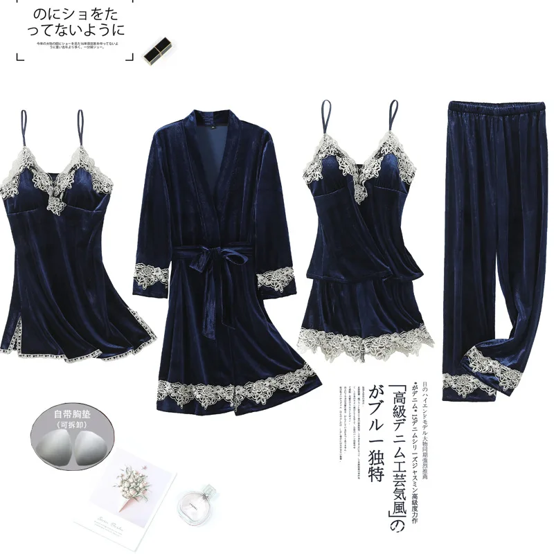 

Female Pajamas Suit Sleepwear Velour 5PCS Robe Set Casual Kimono Gown Nightgown Bridal Wedding Intimate Lingerie Sexy Nightwear
