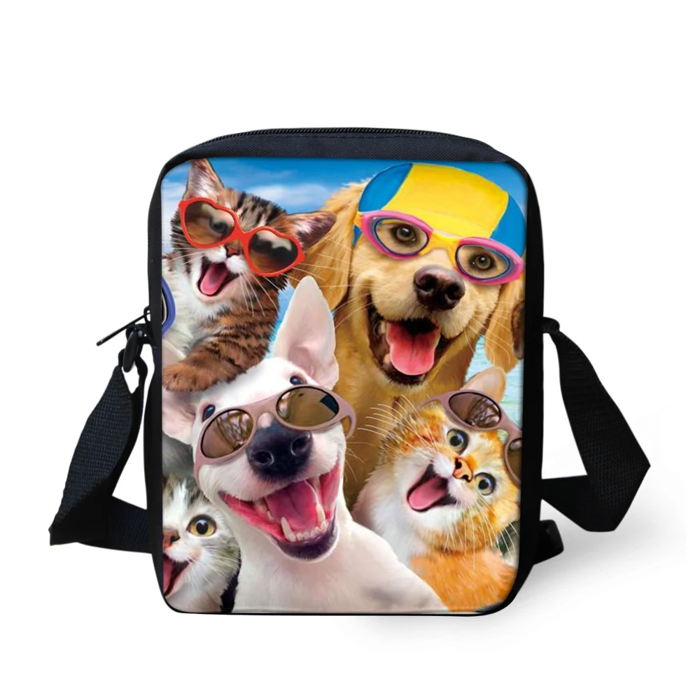 ELVISWORDS Kids Messenger Bags Cute Cat Dog Printing Lunch Bags for Boys Girls Casual Crossbody Shoulder Bags Mini Flap Funny - Color: QE265E
