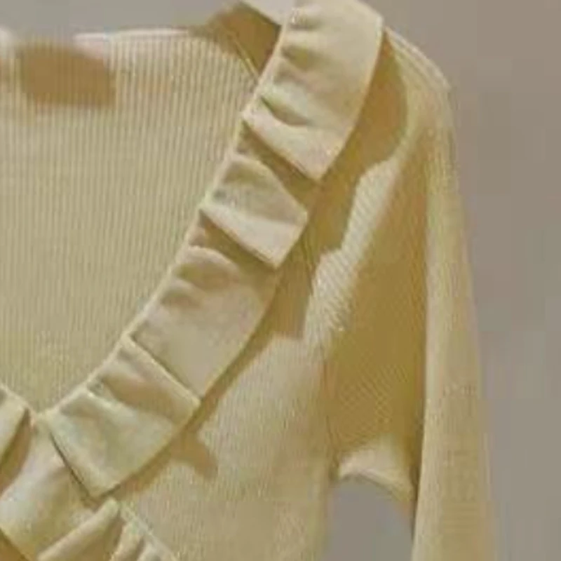 

Irregular ruffle women knit sweater 2021 spring summer new v-neck long sleeve slim knit tops