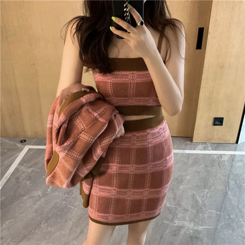 Women's Autumn Winter Plaid Cardigan Sweater Knit Suit New Korean Camisole A Word Skirt Three-piece Ins Tide ML168 |