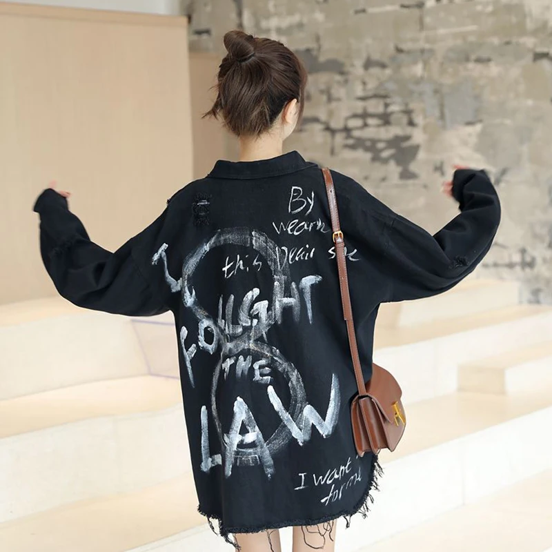 

Graffiti Letter Spring Autumn 2020 jean Jacket Women Denim Jackets Hip hop Tops Denim Coat Streetwear Outwear Jeans Coat Women