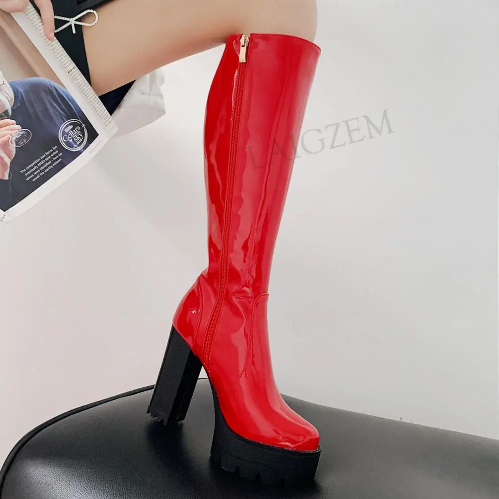 

LAIGZEM Women Knee High Boots Chunky Block High Heels Side Zip Boots Ladies Shoes Woman Frauen Stiefel Large Size 34 40 42 43