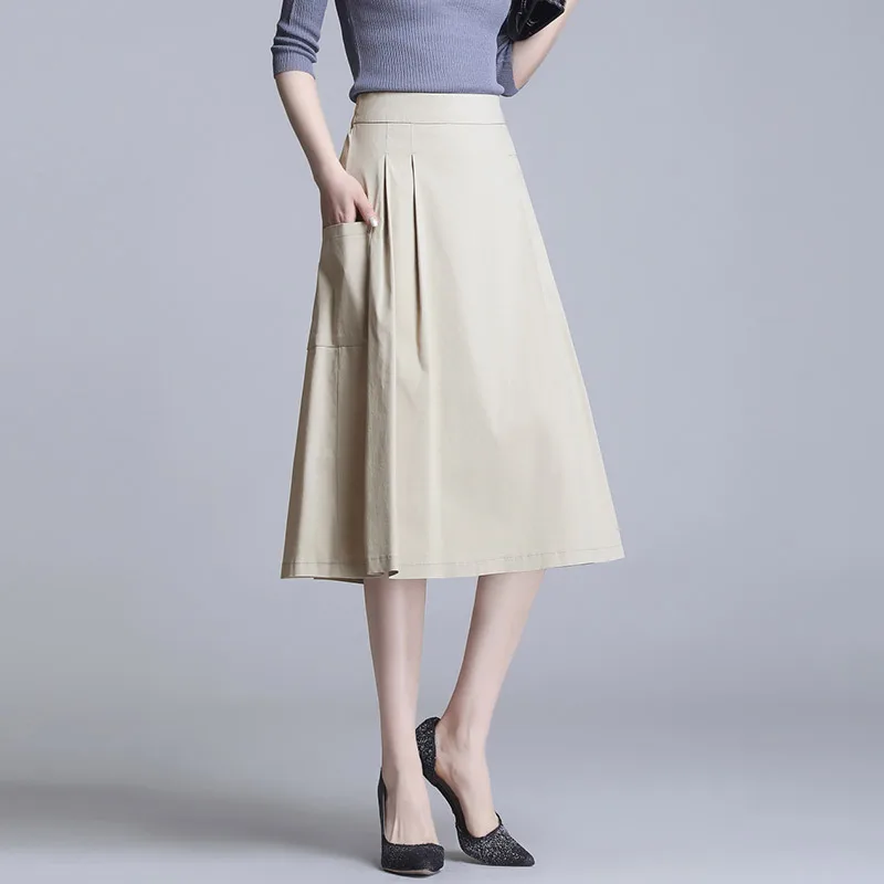 

Женская длинная юбка-трапеция в стиле Харадзюку, Повседневная Складная юбка средней длины с карманами, лето 2021