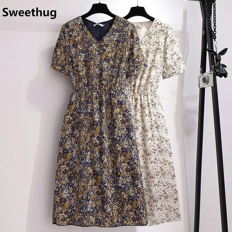 New 2021 summer plus size dress for women large short sleeve loose chiffon floral print dresses white blue 3XL 4XL 5XL 6XL