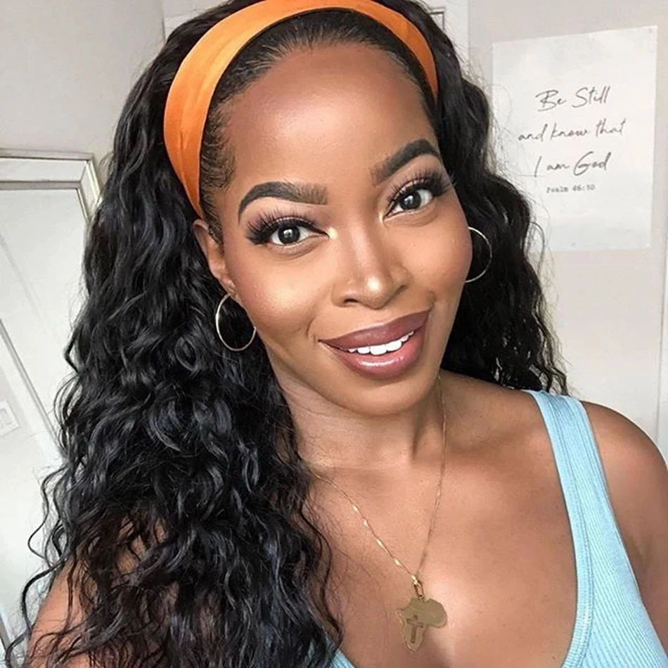 

Black Water Wave Synthetic Lace Front Wig Heat Resistant Loose Curly Half Hand Tied Front Wigs With Baby Hair Headband wigs