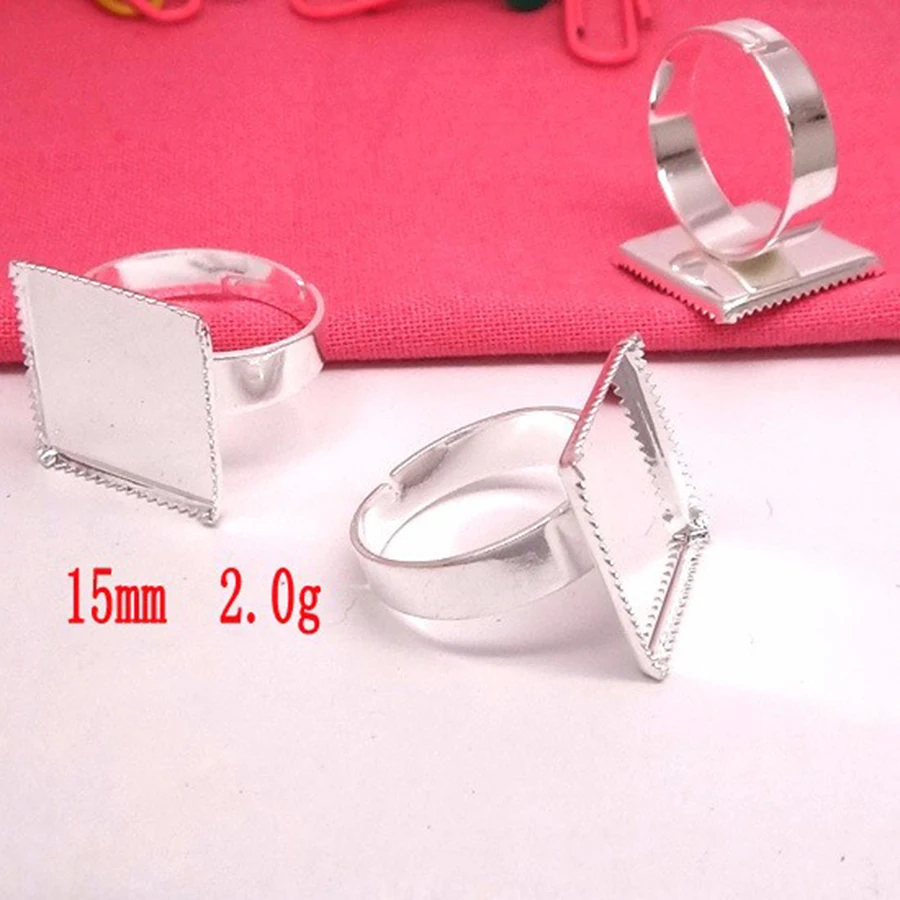 

10pcs/lot Silver Color Rings Settings Square Cabochons Bases Blank Trays Fit 15mm Cabochon Cameo Finger Rings DIY Findings