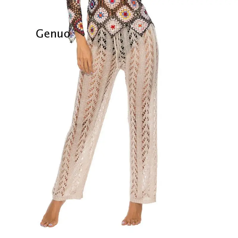 

New Women Crochet Knitted Beach Pants Hollow Out Elastic Straight Casual Trouser Holiday Beach Wide Leg Bikini Cover Up