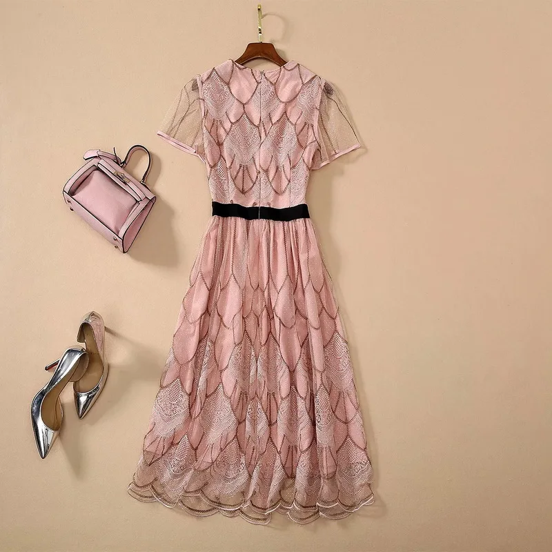 

Sequined Dress 2020 Summer Fashion Party Women Luxurious Golden Embroidery Geometric Patterns Short Sleeve Mid-Calf Pink Dress