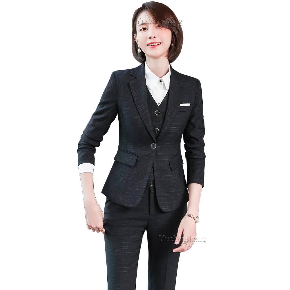 

Business Work Career 3 Piece Set Women Pant Suit Office Lady Purple Black Gray Plaid Blazer Vest and Trousers of High Quality