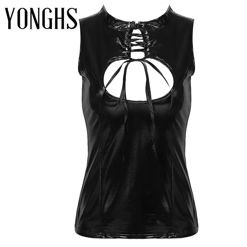 

Женская пикантная футболка на шнуровке, майка из лакированной кожи с вырезом «Замочная скважина», Облегающая майка, обтягивающий Топ Мини-м...