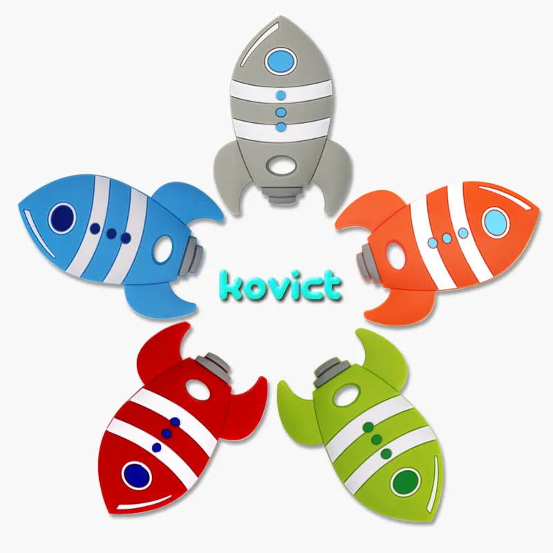 Kovict-mordedores de silicona con cohete de dibujos animados, colgantes de silicona de grado alimenticio, accesorios de cadena para chupete, juguetes molares para beb&eacute;, 5/10 piezas-1