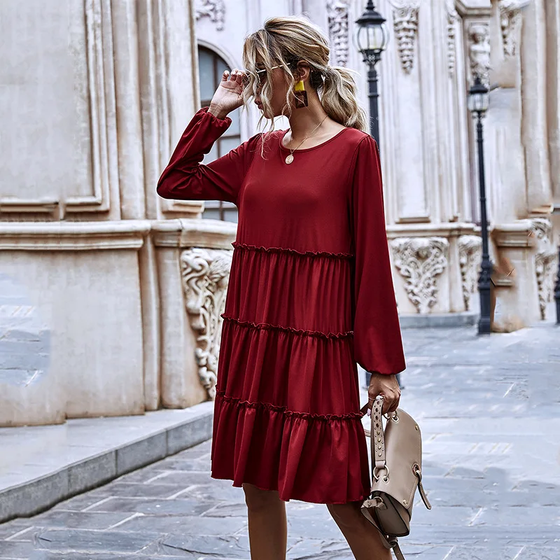 Женское платье с круглым вырезом и оборками повседневное свободное элегантное