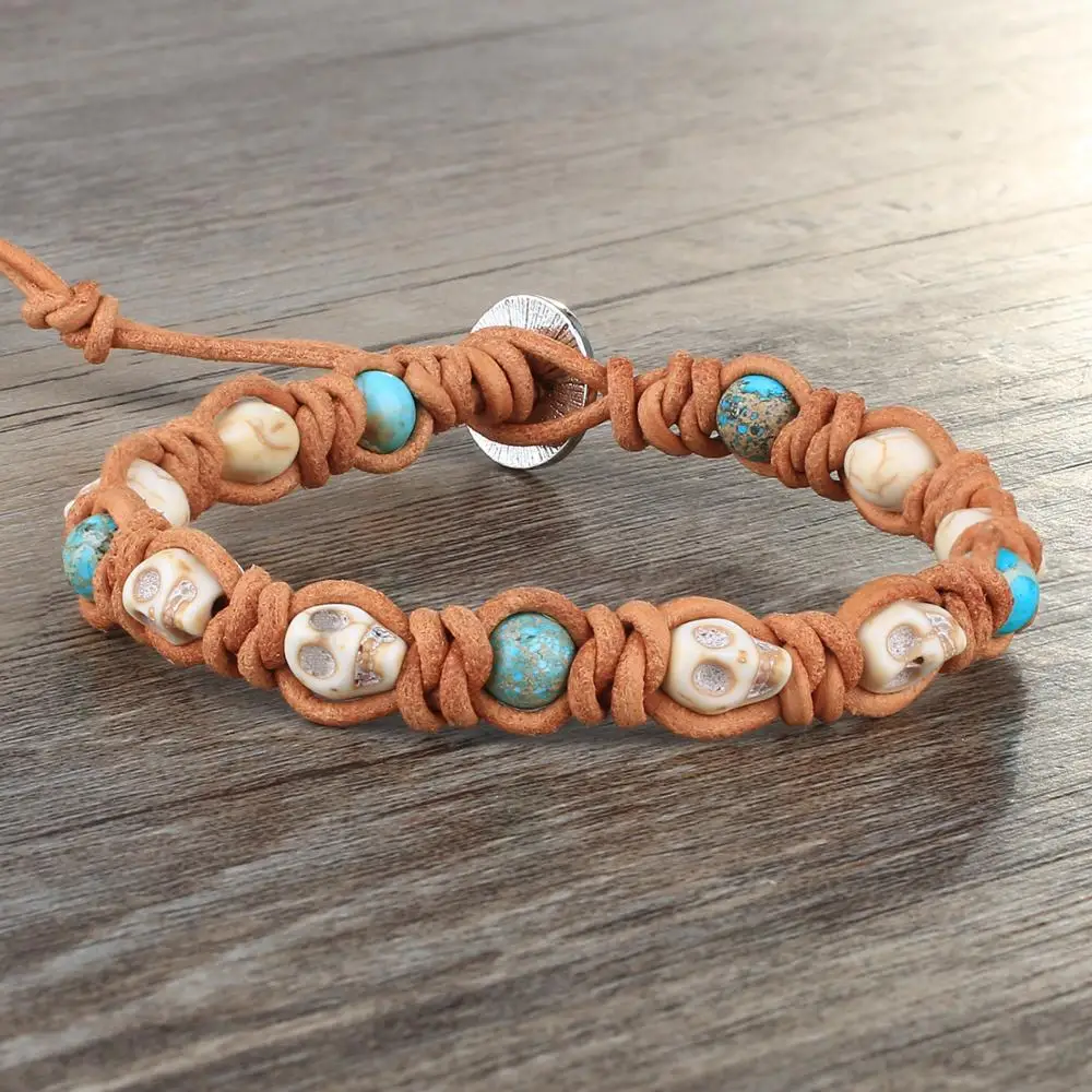 

KELITCH 2020 New Charm Bracelets Craved Skull Tiger Stone Beads Wrap Leather Wrap Strand Bracelets choker harajuku