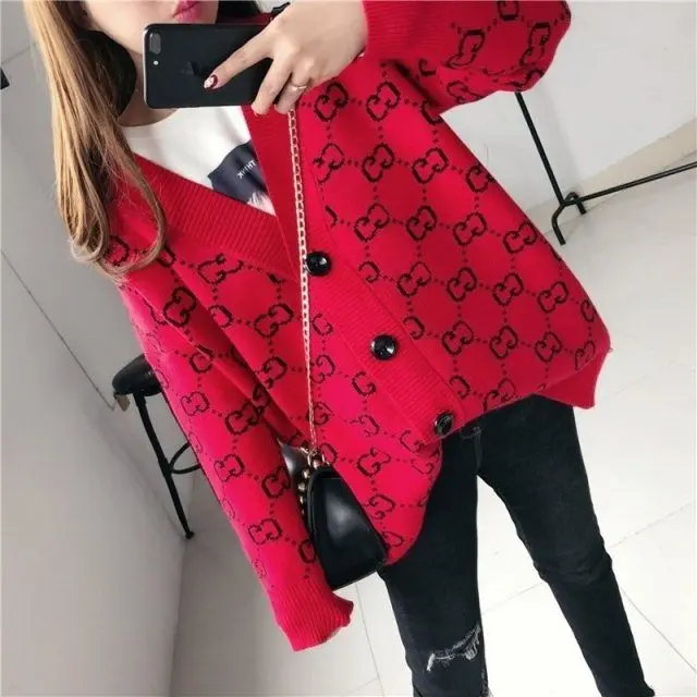 

European station autumn new Korean jacquard double G letter sweater women's cardigan regular loose knit jacket