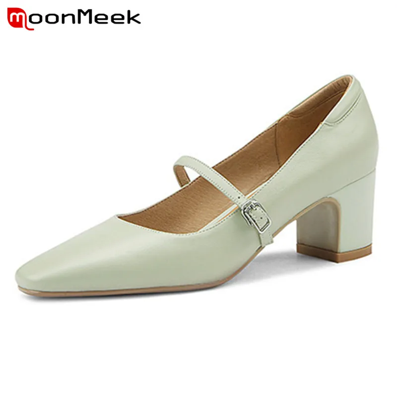 

MoonMeek 2022 Newest High Heels Ladies Mary Janes Shoes Genuine Leather Pumps Buckle Square Toe Spring Single Shoes Ladies