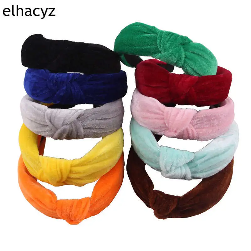 10 шт./лот новинка бархатная однотонная Мягкая повязка на голову с узлом фламинго