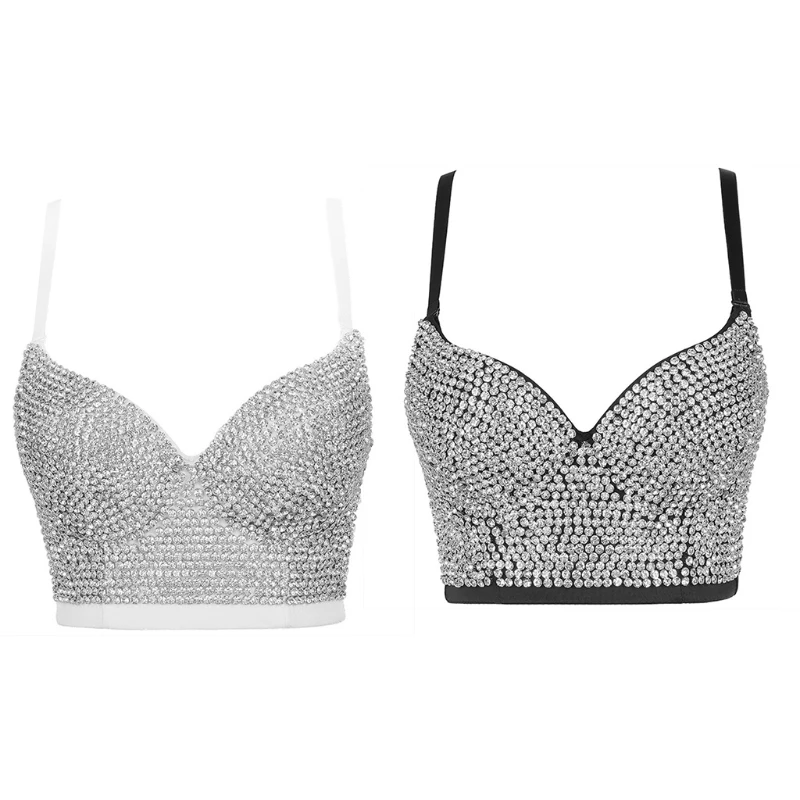 

Women Glitter Diamond Rhinestone Push Up Bra Bustier Underwire Padded Spaghetti Strap Camisole Sexy Punk Corset Crop Top