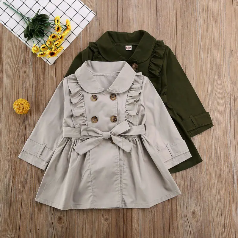 Toddler Kids Girls Belt Breasted Trench Coat Wind Jacket Dress Outwear New Tops | Детская одежда и обувь