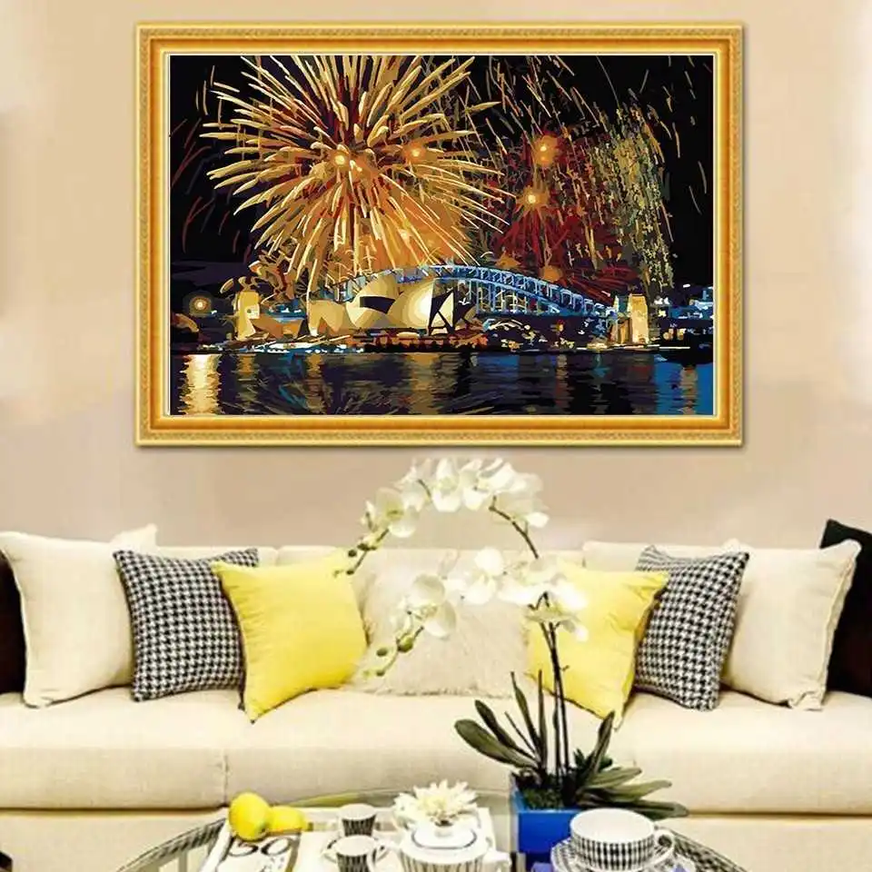 AZQSD масляная краска ing Fireworks по номерам речная Краска Холст Картина Сделай Сам