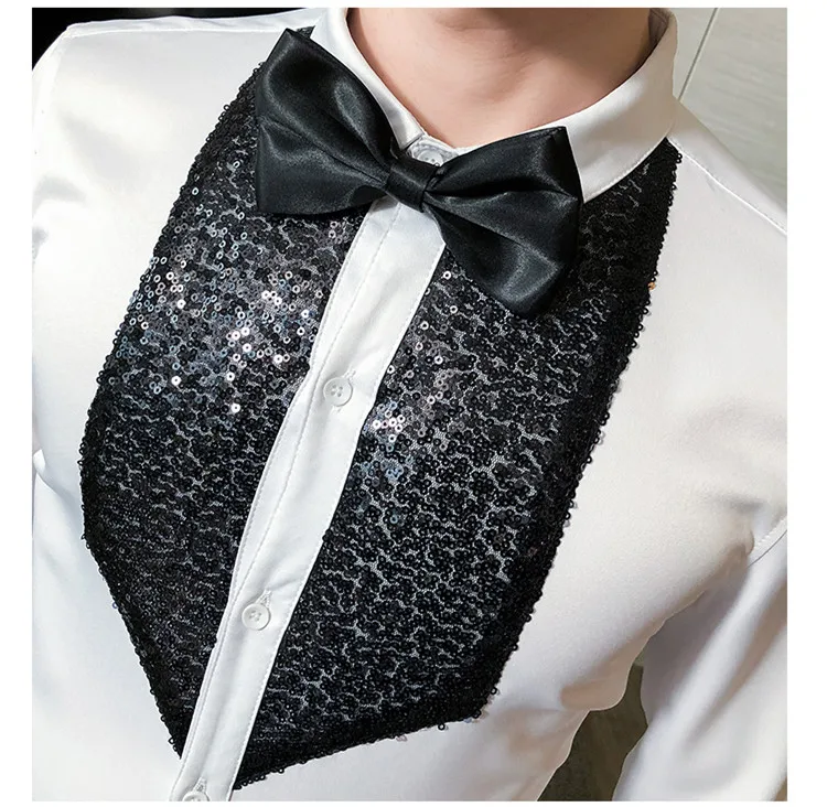 White Black Tuxedo Shirt Men Sequins Patch Solid Long Sleeve Dress Slim Fit Shirts Stage Wedding Prom Gentleman Blouse Male