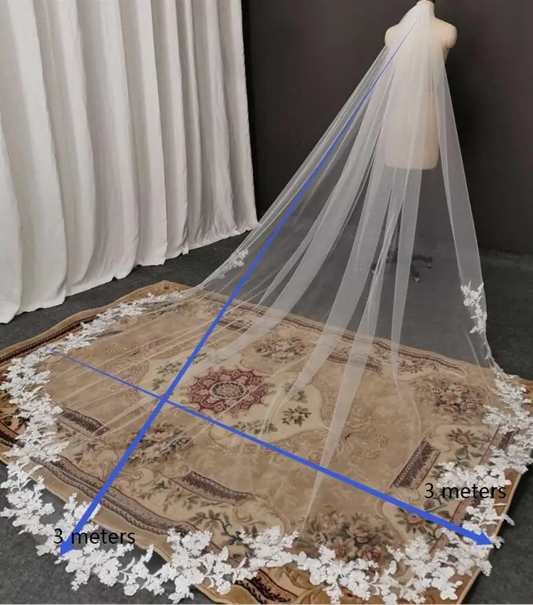 Длинная кружевная свадебная вуаль с зубчатыми краями и расчёской длиной 3 метра |