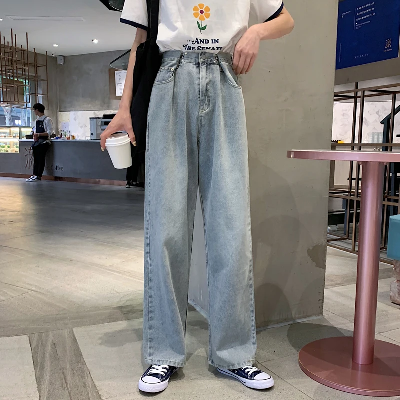 Женские широкие джинсы с высокой талией на молнии свободные уличные корейские