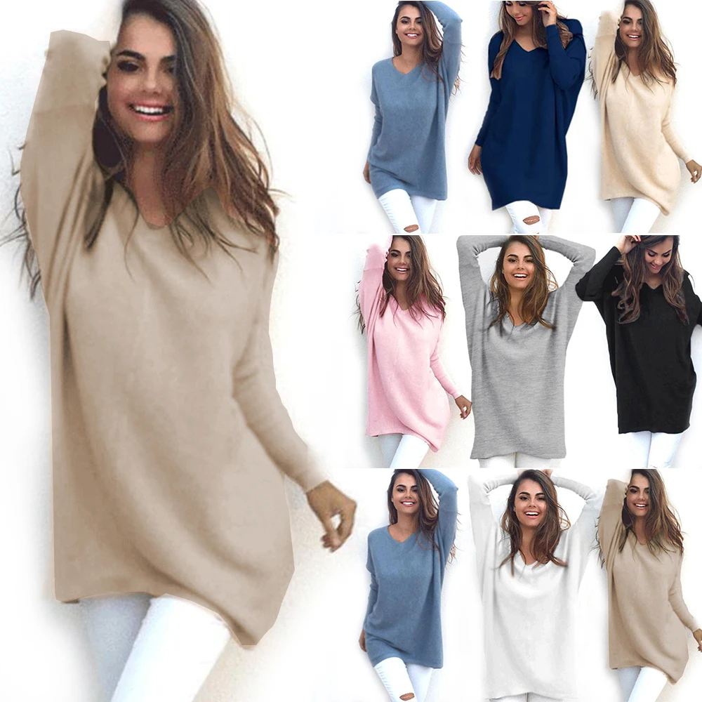 

Women Autumn Winter V Neck Pullover Knitted Ladies Loose Sweater Female Plus Size Solid Color Plush Long Sleeve Jumper