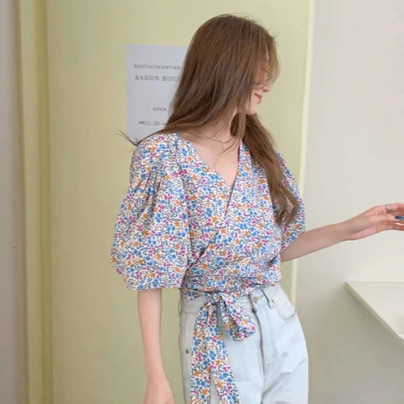 

Women Shirts V-neck Fluffy Sleeve Shirt Women Summer New Style Lightweight Design Short Floral Blouse