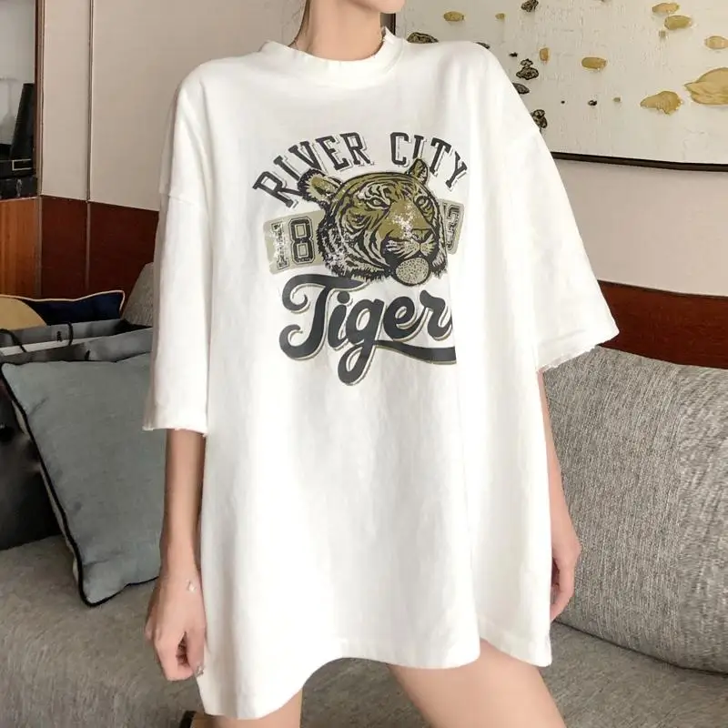 

T-shirts Women Summer Breathable Trendy Korean Style Loose O-Neck Leisure Cartoon Kawaii Girls Harajuku Printed Chic Womens Tops