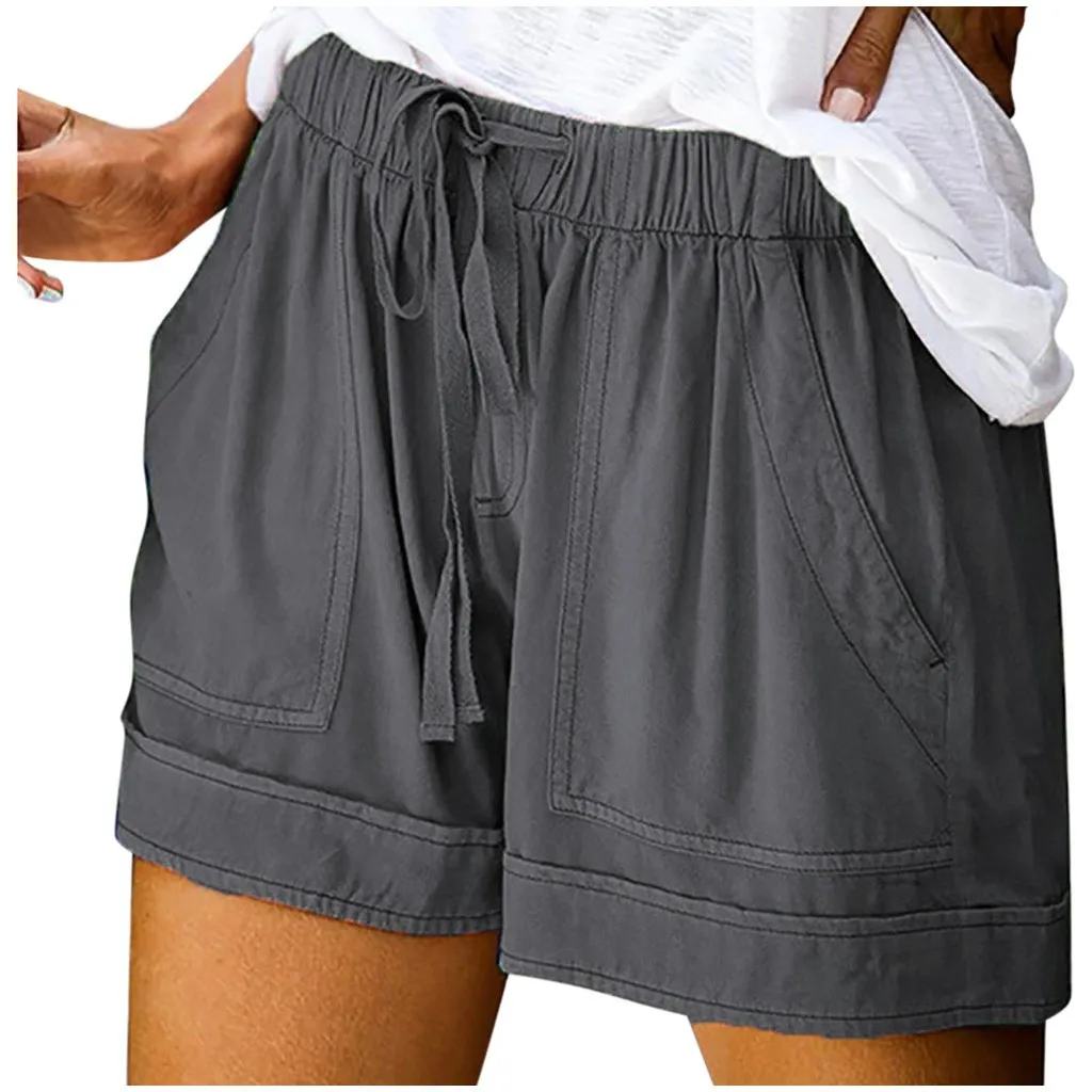 

Women Shorts Comfy Drawstring Splice Casual Elastic Waist Pocketed Loose Short Feminino