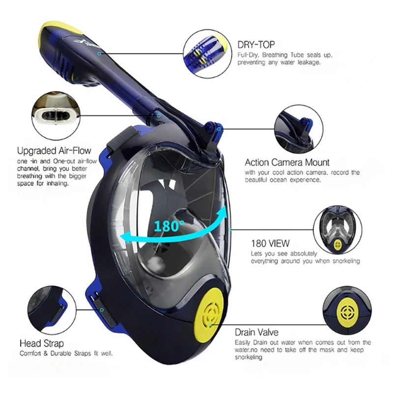 

Full Face Snorkel Mask Easy Breathe 180 Panoramic View Double Anti-Fog Anti-Leak Detachable Mask Snorkeling