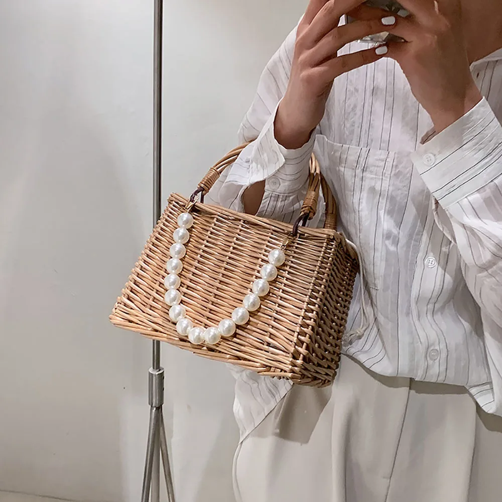 New Arrival Women Casual Vintage Rattan Handbag Quality Ladies Lace Pearl Fashion Shoulder Bag ML153
