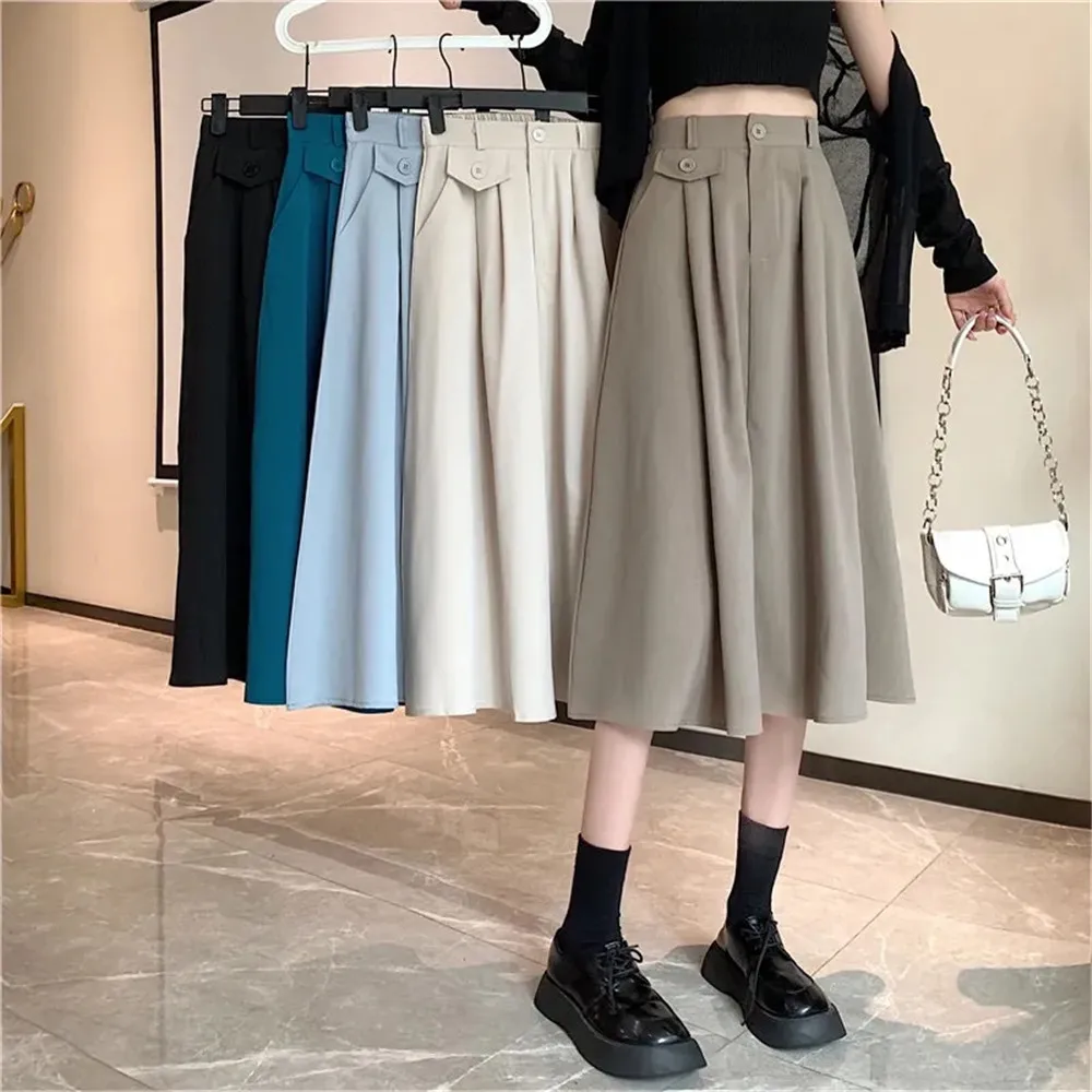 

Autumn Long Pleated Skirt Female Korean Wild Elastic High Waist A-Line Skirt 2021 Women Solid Black Mid-Length Umbrella Skirt
