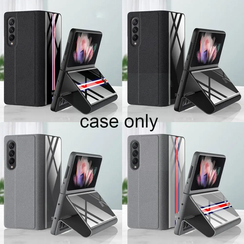 

New Leather Flip Case For Samsung Galaxy Z Fold 3 Back Cover Case For Galaxy Hard Tempered Glass 3 Anti-knock Fold Z Patter O0N9