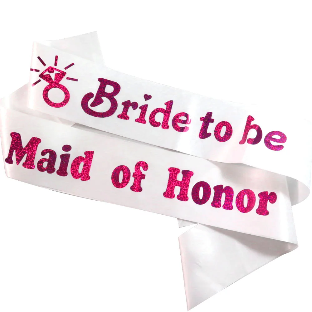 

2pcs Wedding ribbons White band glitter printing Bride to be sash Maid of honor bachelorette hen party event Groom to be ribbon