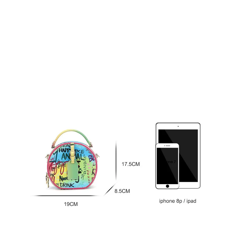 Повседневные граффити Saco Feminino 2020 Nova Cor De Doces Mini Redondo Moda Rhmbic Corrente Bolsa Ombro Mensageiro Luxo |