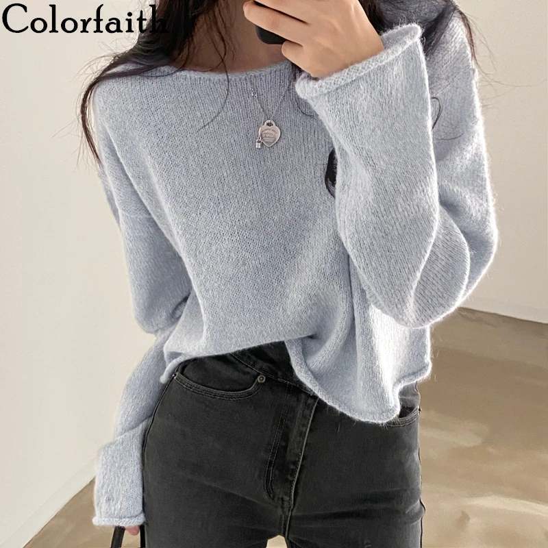 

Colorfaith New 2021 Autumn Winter Women Sweaters Pullovers Knitted Fashionable Vintage Elegant Jumper Lady Short Tops SW19215