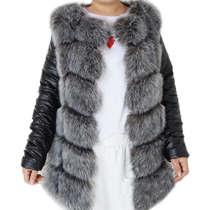 HJQJLJLS 2021 Winter Women Fashion Removable PU Sleeve Faux Fur Coat Thick Warm Artifical Fur Overcoat Female Fake Fur Jacket