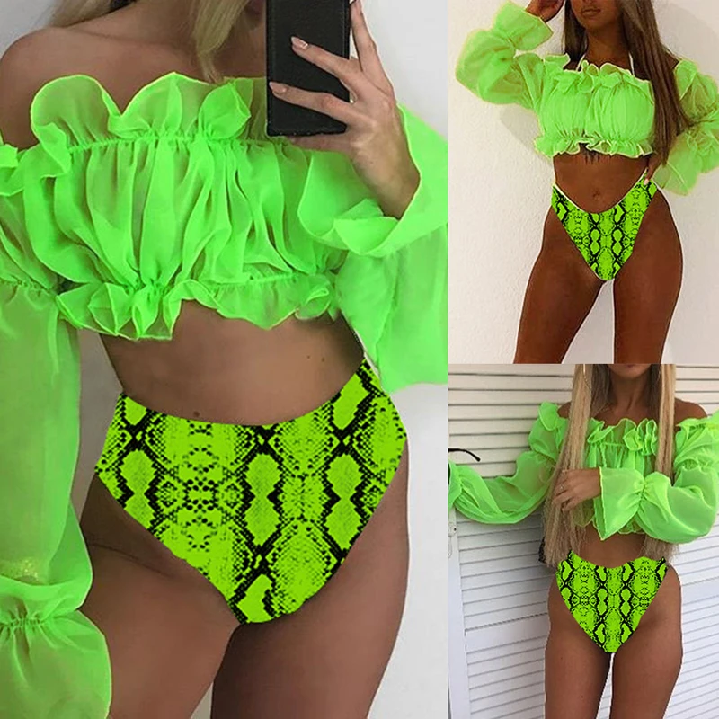 Sexy Green bikini set Swimwear Women Mesh long sleeve swimsuit female High waist bikini Snake printed Bathing suit Mujer