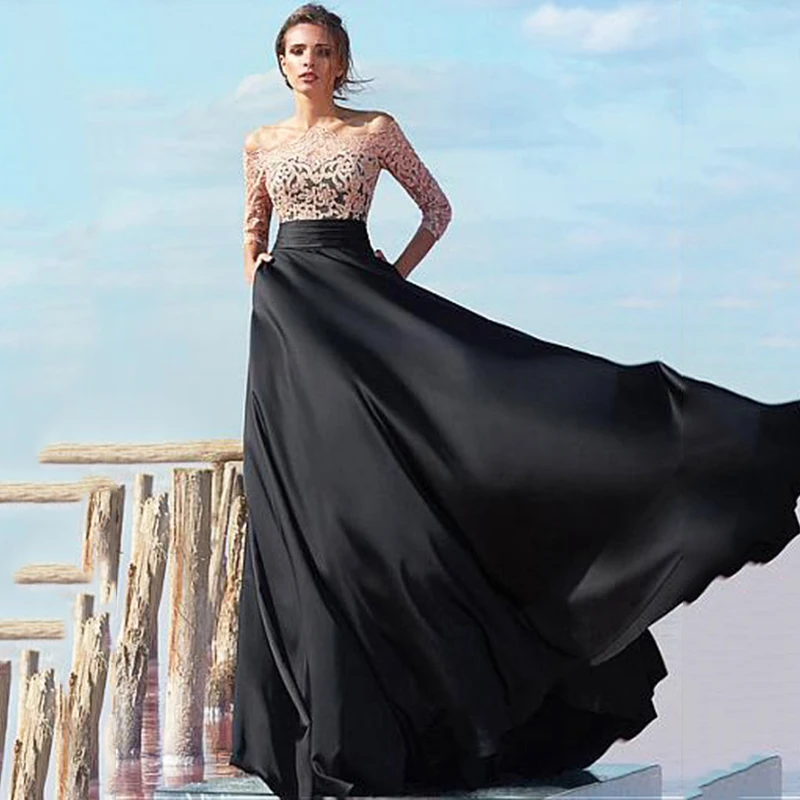 

Luxury Satin A-line Evening Dresses Lace Sexy Open Back Prom Dress Long Sleeve Formal Dresses Evening vestido de formatura longo
