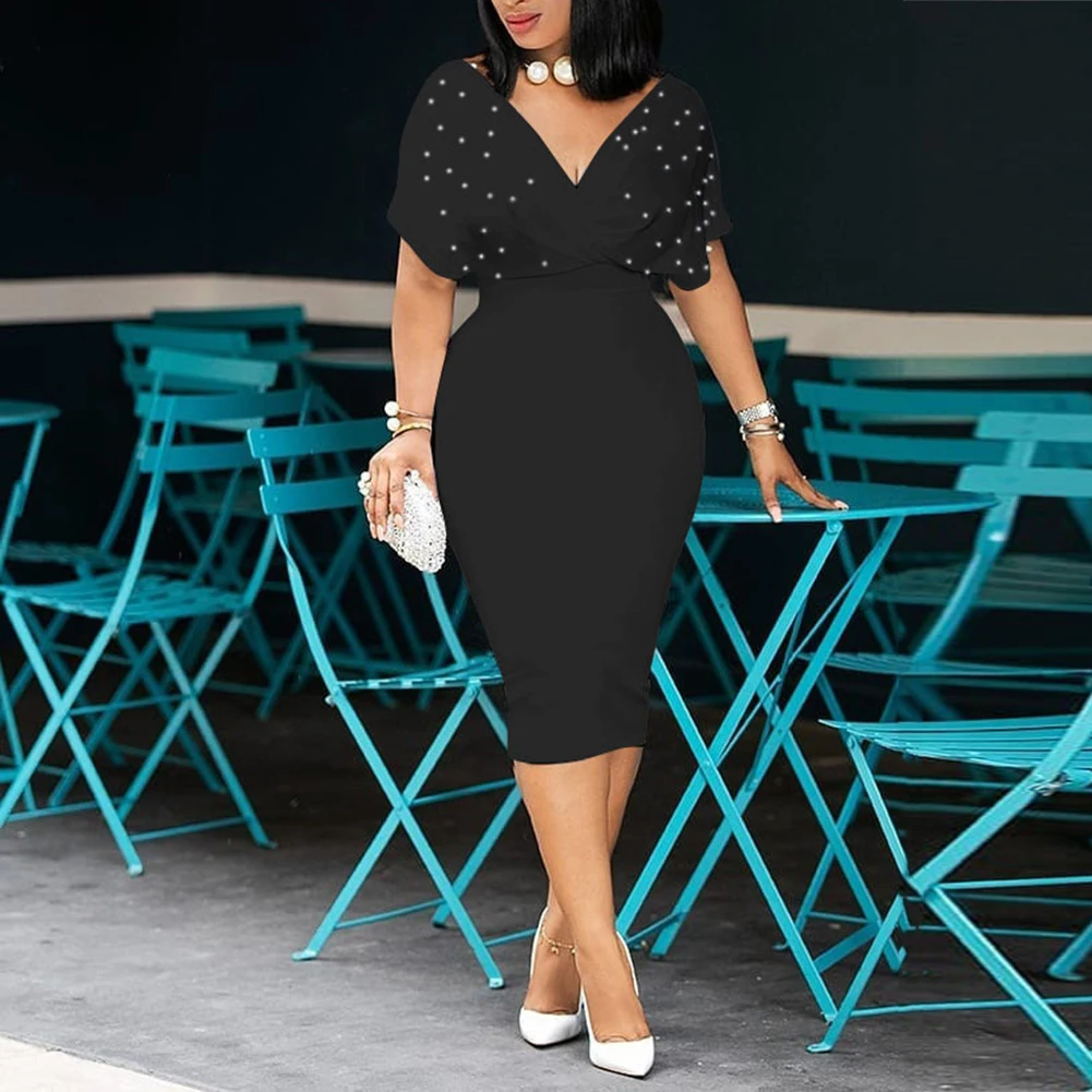

2021 Summer Dress Sexy V Neck Tunic High Waist Beading Short Sleeve Ladies Red White Bodycon Plus Size Party Club Midi Dress