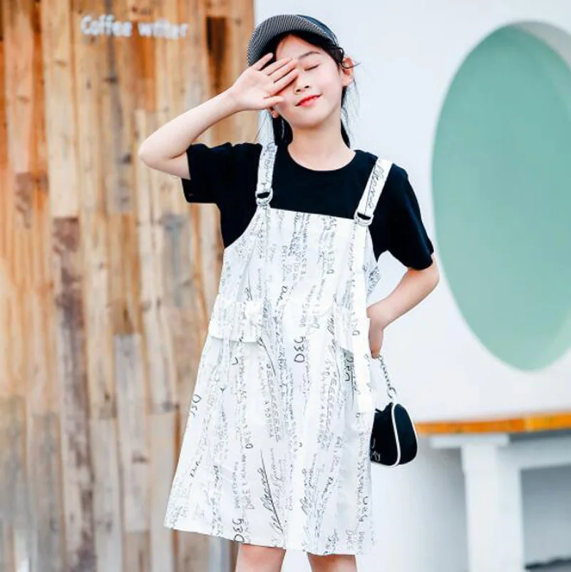 

Cultiseed Girls Summer Letter Print Strap Dress Rompers Clothes Big Children Kid Cute College Loose Casual Pockets Straight Gown