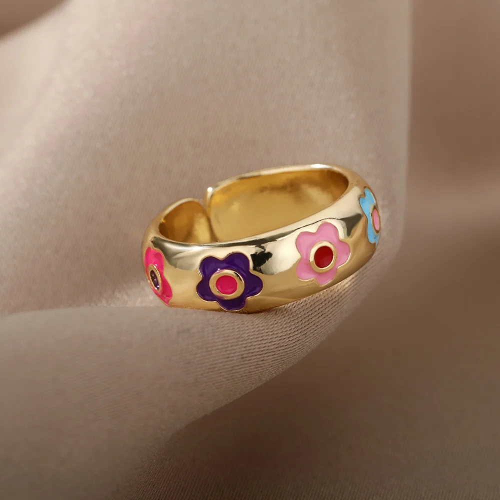 

Cute Flower Rings For Women Girls Colorful Enamel Floral Ring Adjustable Open Cuff Party Finger Rings Kpop Jewelry Gift