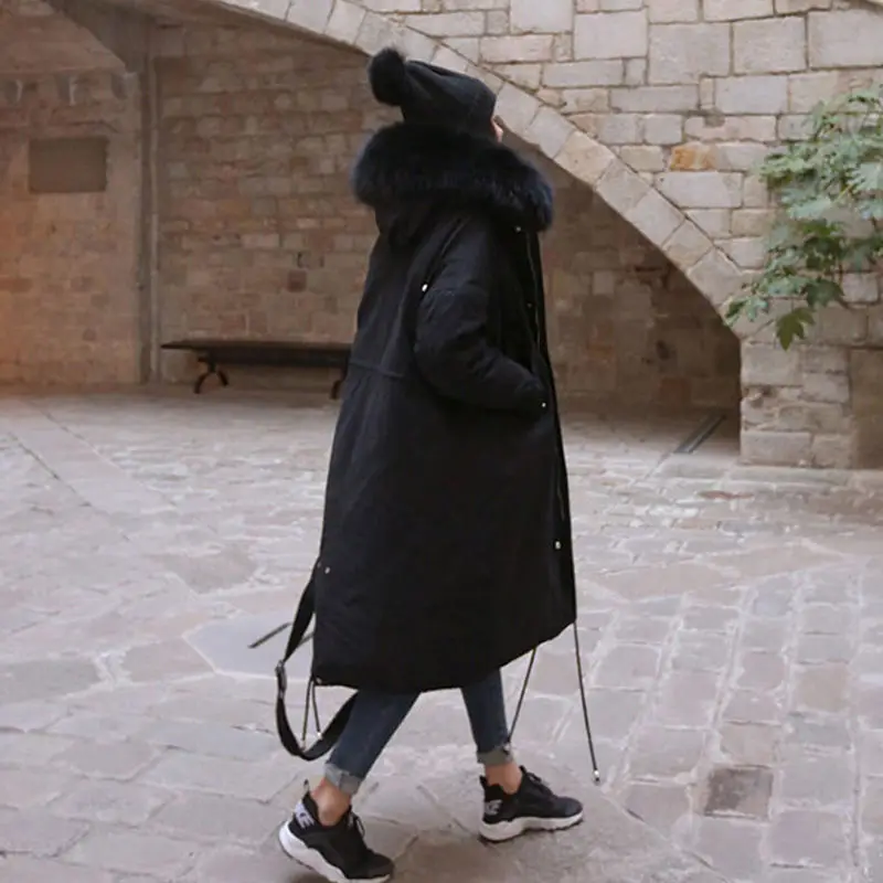 Черная зимняя куртка Женское пальто с меховым капюшоном и воротником длинная