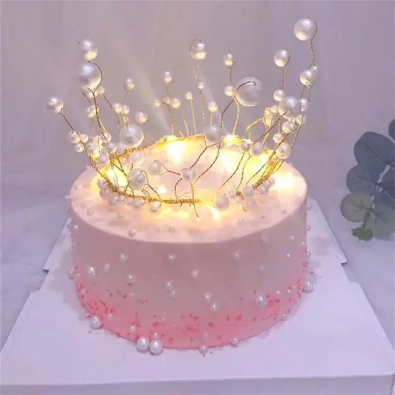 

Princess Crown Cake Topper Metal Artificial Pearls Wedding Valentine's Day Cake Baking Decoration Ornaments Handmade Headdress
