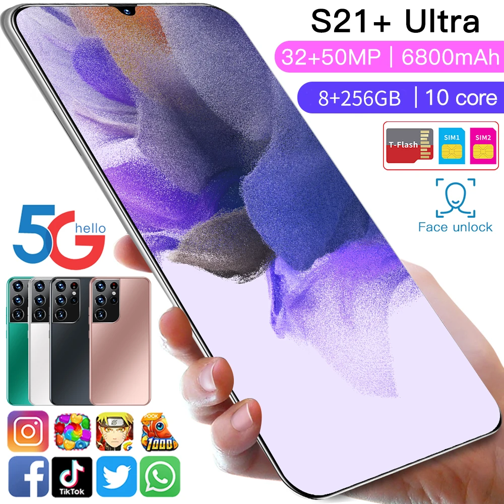 

New Galxy S21+ Ultra 12+256GB 32+50MP 6800mAh Andriod 11 Smartphone Face ID 10 Core Dual SIM+Micro SD MTK6889 Celular Global