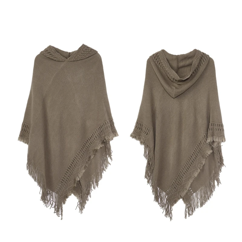 

Women Winter Knitted Hooded Poncho Cape Solid Color Crochet Fringed Tassel Shawl Wrap Oversized Pullover Cloak Sweater A07 21