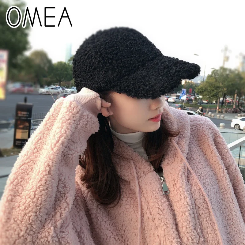 OMEA Lambs Wool Baseball Hat Women Curly Teddy Hair Snapback Cap Pink Hats Adjustable Visor Hat Winter Suede Cap Elegant Fashion